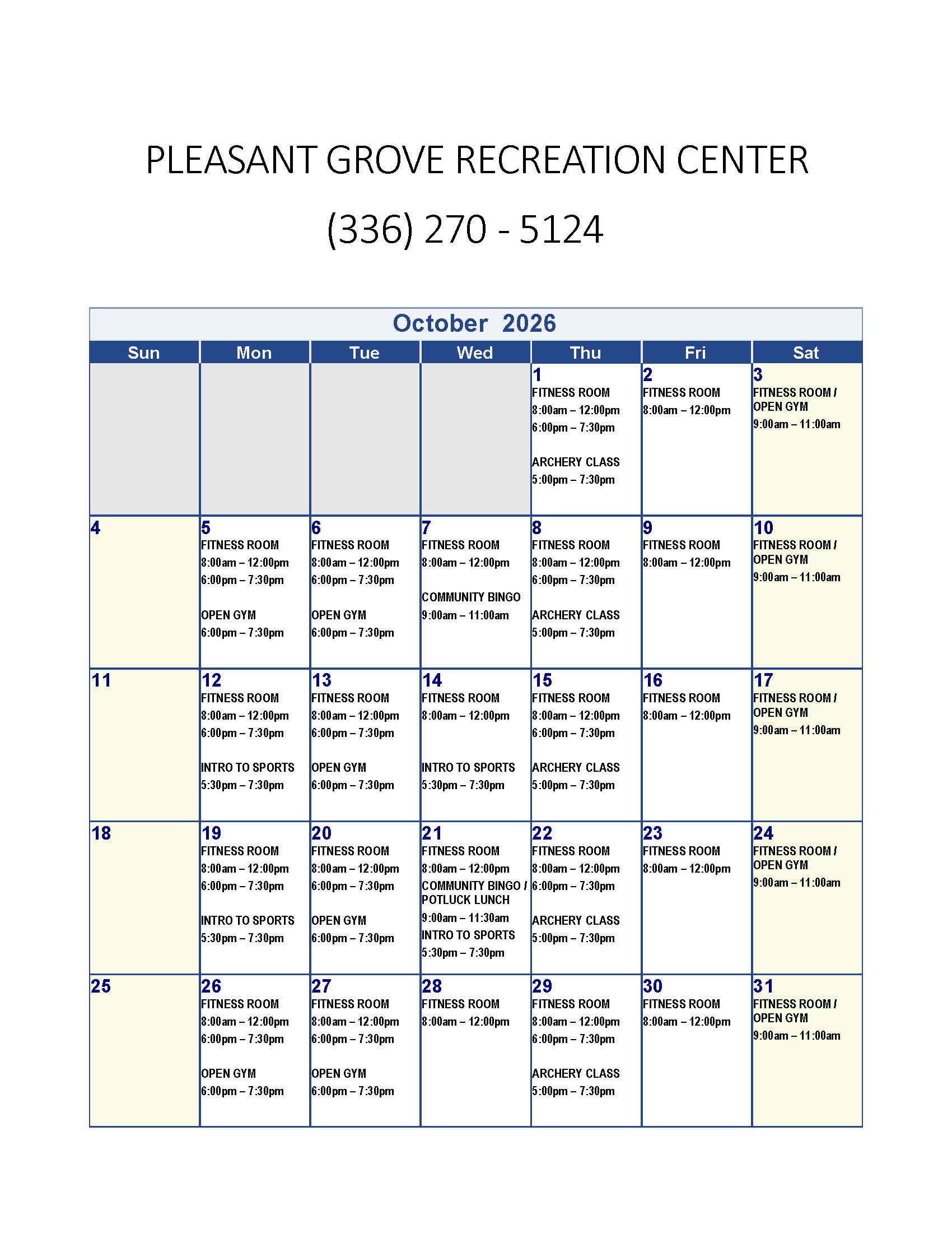 Calendar of Community Center Events